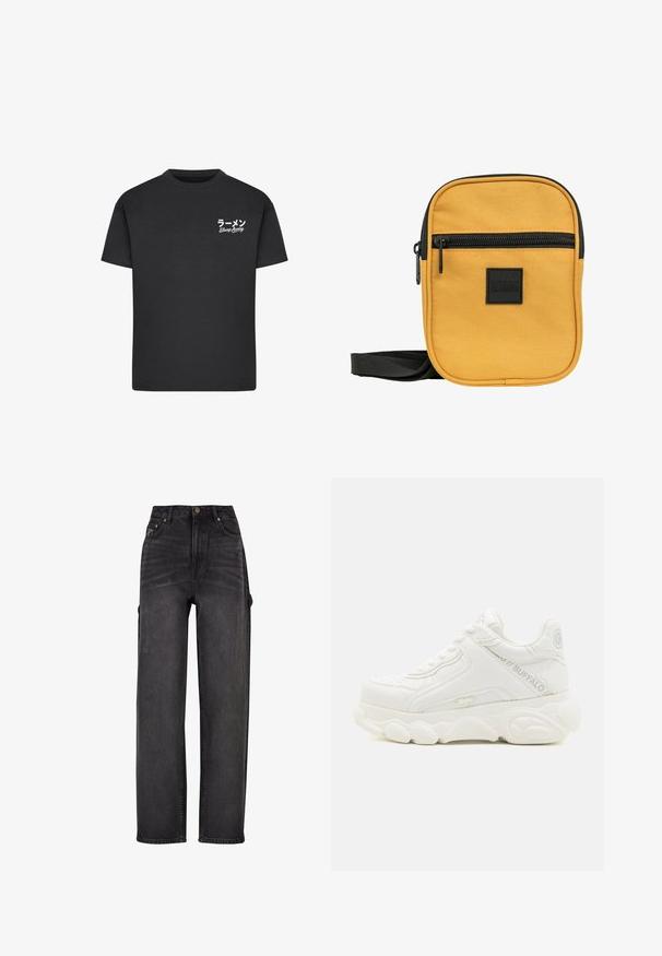 Sort bomulds T-shirt med rund hals. Har hvid tekst, inklusive japanske tegn og "Slurp Away," på venstre brystområde.; Højtaljede cargo jeans i sort denim med vid ben-design, sidelommer og subtile falmning detaljer. Holdbart stof og kontraststik.; Hvid chunky sneaker med tyk sål, snørelukning og "Buffalo" branding på siden og hælen.; Gul stof crossbody taske med en struktureret overflade, frontlomme med lynlås, sort lynlås og justerbar rem. Har et firkantet mærke.