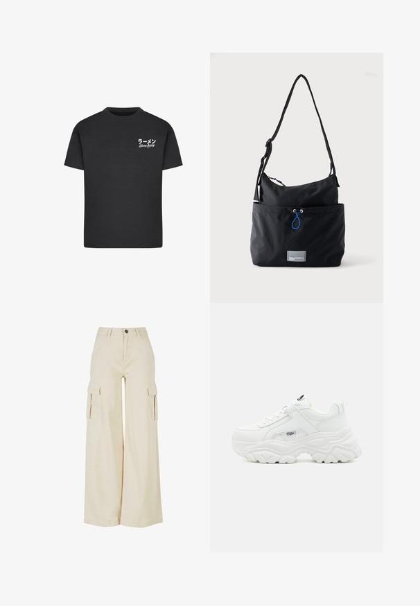 Schwarzes Baumwoll-T-Shirt mit Rundhalsausschnitt. Mit weißem Text, einschließlich japanischer Schriftzeichen und "Slurp Away", auf der linken Brustseite.; Beige weite Cargo-Hosen aus Baumwolle, mit zwei großen Seitentaschen, einem frontalen Knopfverschluss und einem sauberen Saum.; Weiße klobige Sneakers mit einem glatten Lederobermaterial, abgerundetem Zehenbereich und dicker, strukturiertem Sohle mit einem sichtbaren Logo der Marke an der Seite.; Schwarze Stoff-Schultertasche mit verstellbarem Riemen, Vordertasche mit blauem Kordelzug und kleinem rechteckigem Logo-Patch an der Unterseite.