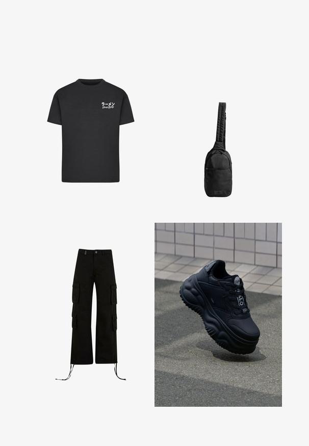 T-shirt noir en coton avec un col rond. Présente du texte blanc, y compris des caractères japonais et les mots "Slurp Away" sur la zone gauche de la poitrine.; Pantalons cargo noirs à coupe décontractée, avec des poches cargo sur les côtés, des ourlets à cordon de serrage et une fermeture par bouton à la taille.; Baskets noires épaisses avec une tige en cuir lisse, semelle surélevée avec des motifs en vagues, et lacets pour un ajustement sécurisé. Marque sur la languette.; Sac sling noir en tissu texturé, avec une seule sangle rembourrée, une poche frontale zippée et un patch logo à la base.