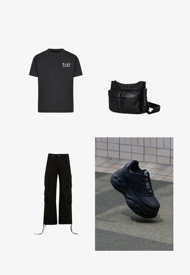 Schwarzes Baumwoll-T-Shirt mit Rundhalsausschnitt. Mit weißem Text, einschließlich japanischer Schriftzeichen und "Slurp Away", auf der linken Brustseite.; Schwarze Cargo-Hosen mit einer lockeren Passform, ausgestattet mit Cargo-Taschen an den Seiten, Kordelzügen am Saum und einem Knopfverschluss an der Taille.; Schwarze klobige Sneakers mit einem Obermaterial aus glattem Leder, erhöhter Sohle mit wellenförmigen Mustern und Schnürsenkeln für einen sicheren Sitz. Branding auf der Zunge.; Schwarze Umhängetasche aus strapazierfähigem Material, mit einem Hauptzipperfach, zwei Vorderfächern, verstellbarem Tragegurt und dezentem Branding.