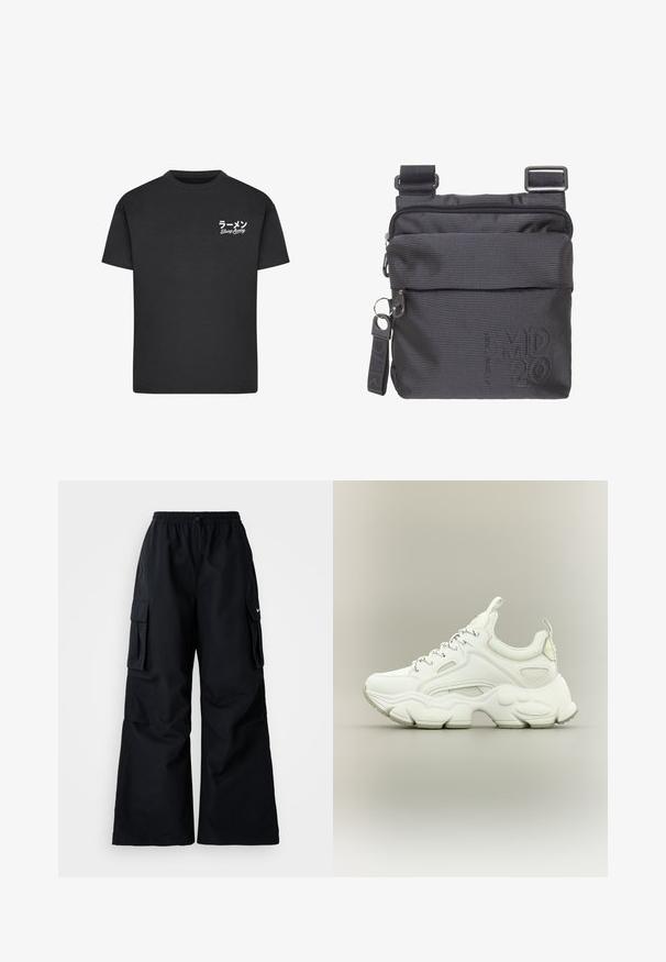 Zwarte katoenen t-shirt met een ronde hals. Bevat witte tekst, waaronder Japanse karakters en "Slurp Away", op de linkerborst.; Zwarte cargobroek met wijde pijpen, elastische tailleband, verstelbaar trekkoord en twee steekzakken. Gemaakt van een gladde, lichte stof.; Witte chunky sneaker met dikke, gestructureerde zool, bovenwerk van mesh en leer, vetersluiting en treklusjes op tong en hiel.; Mandarina Duck CROSSOVER - Schoudertas - dark blue denim