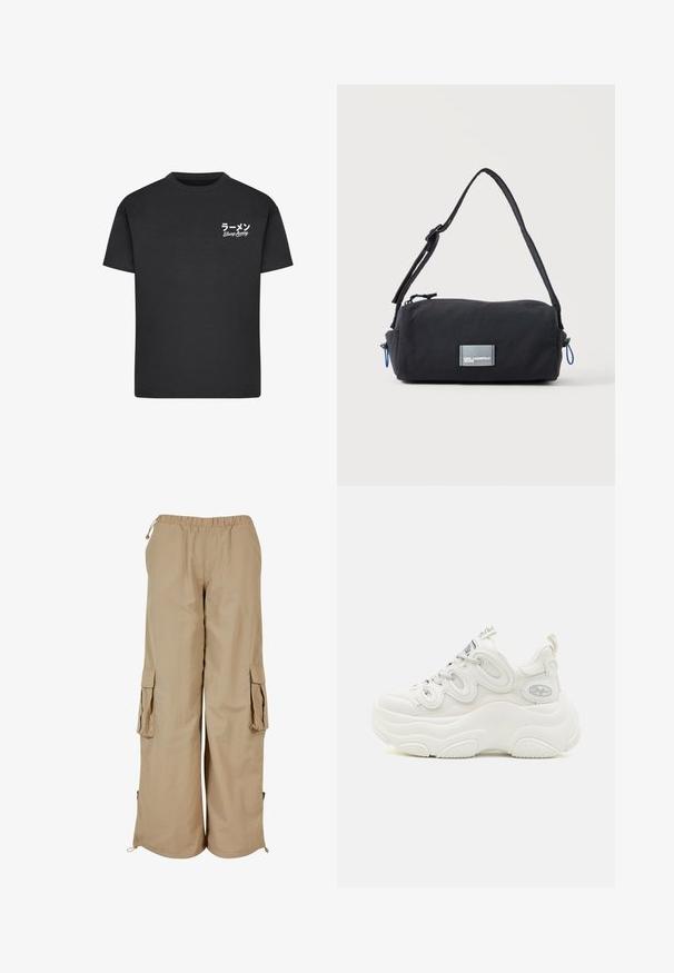 Sort bomulds T-shirt med rund hals. Har hvid tekst, inklusive japanske tegn og "Slurp Away," på venstre brystområde.; Beige cargo bukser med elastisk talje, to sidelommer og mesh-detaljer; fremstillet af letvægts, tekstureret stof.; Hvide chunky sneakers med overdel i mesh og syntetisk materiale, buet form, tekstureret sål og fremtrædende snøresystem med logo detaljer.; Sort cylindrisk skuldertaske med justerbar rem, blå lynlåstræk og frontlabel med teksten "KARL LAGERFELD JEANS" mod en hvid baggrund.