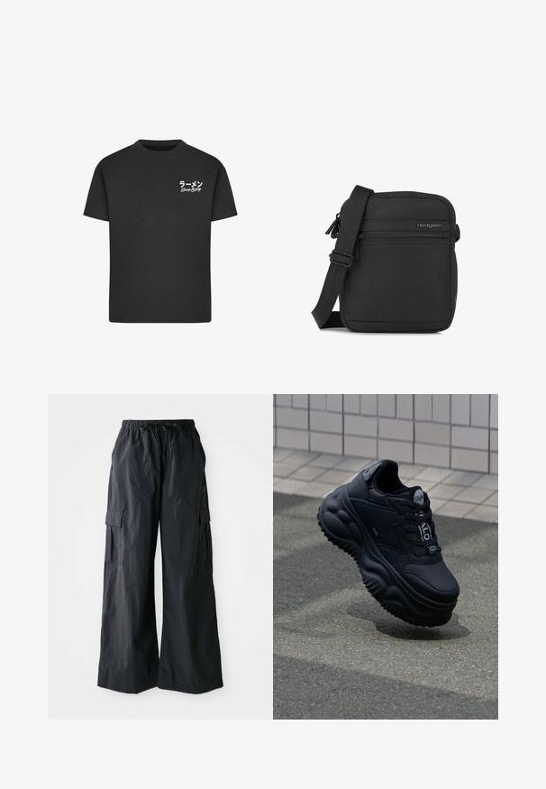 Camiseta de algodón negra con cuello redondo. Presenta texto en blanco, incluyendo caracteres japoneses y "Slurp Away", en el área del pecho izquierdo.; Pantalones cargo negros hechos de una tela ligera, con un diseño de pierna ancha, cinturilla elástica y múltiples bolsillos laterales. Sencillos y funcionales.; Zapatillas negras contundentes con parte superior de cuero suave, suela elevada con patrones en forma de ola y cordones para un ajuste seguro. Branding en la lengüeta.; Bolso bandolera negro compacto con correa ajustable, bolsillo delantero con cremallera y el logo de Hedgren en superficie de tela lisa.