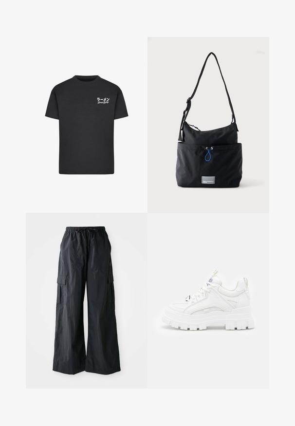 T-shirt noir en coton avec un col rond. Présente du texte blanc, y compris des caractères japonais et les mots "Slurp Away" sur la zone gauche de la poitrine.; Pantalons cargo noirs en tissu léger, avec une coupe large, une taille élastique et plusieurs poches latérales. Simples et fonctionnels.; Baskets blanches chunky avec une tige texturée, un col rembourré et une semelle épaisse à stries. Présente des lacets noirs contrastants et un détail de marque.; Sac d'épaule en tissu noir avec sangle réglable, poche avant avec cordon bleu et petite étiquette logo rectangulaire à la base.