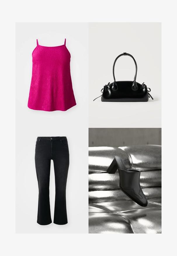 Fuchsia mouwloze top met dunne bandjes, gemaakt van een textuurstof met verticale ribbels; losse pasvorm met een ronde zoom.; Zwarte denim jeans met een middelhoge taille, een knoop aan de voorkant, twee voorkruiszakken, twee achterzakken en een flared model.; Zwarte leren mule met blokhak, rustend op een glanzend zilveren gestoffeerde oppervlakte, die het strakke ontwerp en de afgeronde details benadrukt.; Kleine zwarte glanzende handtas met twee lange hengsels en zijkant trekkoord details op een effen lichte achtergrond.