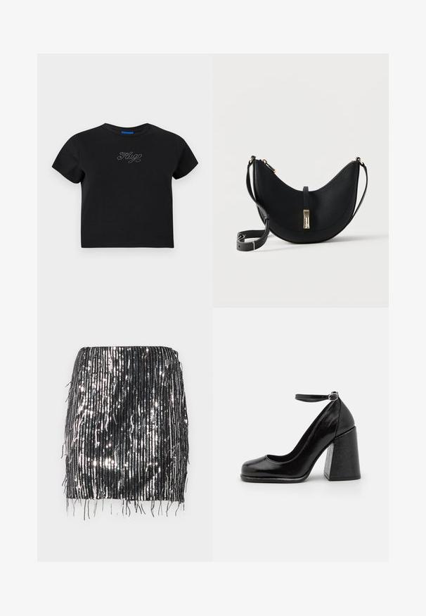 T-shirt noir en coton avec des manches courtes, un col rond et une coupe ajustée. Présente un design en strass épelant "HUG" sur le devant.; Mini-jupe noire en sequins avec des détails de franges verticales, texture brillante et coupe ajustée. L'ourlet est droit avec des longueurs de franges inégales.; HUGO KIORA - Escarpins à talons hauts - black; Sac bandoulière en cuir noir en forme de croissant avec fermoir doré et bandoulière ajustable sur un fond clair uni.
