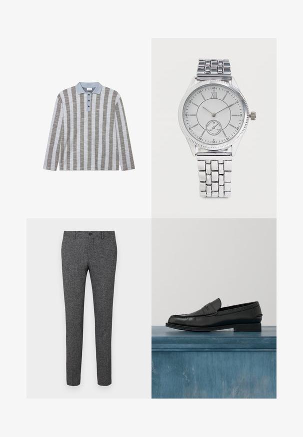 Polo à manches longues avec des rayures grises et bleu clair alternées, un col bleu clair et trois boutons noirs au niveau du décolleté.; Lindbergh PANTS - Pantalon classique - black; Mocassins noirs en cuir avec un design élégant, comportant un bout cousu et une finition lisse. La chaussure possède un talon bas et un minimum de détails.; Montre-bracelet en métal argenté avec cadran rond blanc, chiffre romain XII, marqueurs des minutes et un petit cadran des secondes à 6 heures.