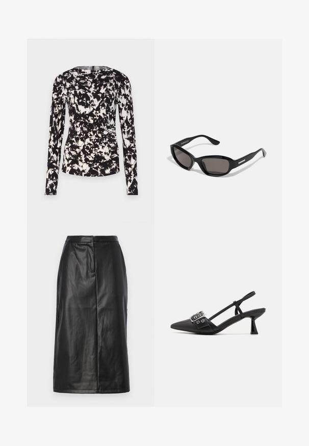 Haut à manches longues noir et blanc avec un motif floral abstrait texturé. Dispose d'un col rond et d'une silhouette ajustée.; Jupe en cuir noir avec une silhouette ajustée, présentant une texture lisse, un design mi-long et des détails de coutures subtils. Pas d'accents en métal.; Simmi London DALA - Escarpins - black; Lunettes de soleil noires avec une monture rectangulaire, des verres sombres, un matériau plastique lisse et un accent métallique sur la branche.