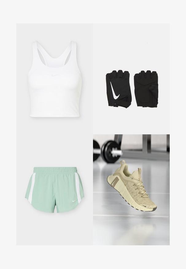 Brassière de sport courte blanche avec un design racerback et un logo Nike swoosh discret au centre devant.; Short de sport vert clair avec des bandes blanches sur les côtés et une taille élastique, avec un petit logo blanc Nike sur le devant.; Chaussure de sport beige avec une tige texturée, une semelle large et des accents marron. Comprend un design à lacets et un logo de marque bien en vue.; Gants de gym sans doigts noirs en tissu respirant, avec un logo blanc Nike, des paumes rembourrées et un design ouvert au niveau du poignet pour plus de flexibilité.