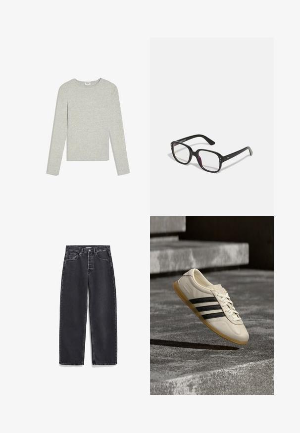 Hellgraues Langarmshirt mit Rundhalsausschnitt, schlanker Passform und ohne sichtbare Muster oder Logos, flach auf einem weißen Hintergrund liegend.; Schwarze Jeans aus Denim mit geradem Bein, ausgestattet mit Fronttaschen, einem Knopfleistenverschluss und subtilen Verfärbungen im Stoff.; Weißer Sneaker mit schwarzen Streifen und Gummisohle schwebt über Betontreppen im sanften Tageslicht.; Schwarze rechteckige Brille mit klaren Gläsern, abgerundeten Kanten und seitlichen Akzenten, mit glänzender Oberfläche des Rahmens und der Bügel.