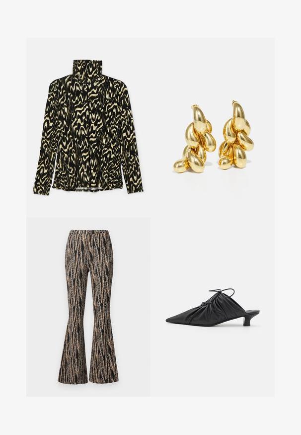 Haut à manches longues noir et crème à motif, avec un col haut, fabriqué dans un tissu lisse et extensible présentant un design abstrait ondulé.; Diane von Furstenberg BURANO PANTS - Pantalon classique - black; Mules noirs en cuir à enfiler avec un bout pointu, une texture froncée et un petit talon aiguille. Présente un détail à cordon au niveau de l'ouverture.; HUGO KREIT PISTIL CHAIN - Boucles d'oreilles - gold-coloured