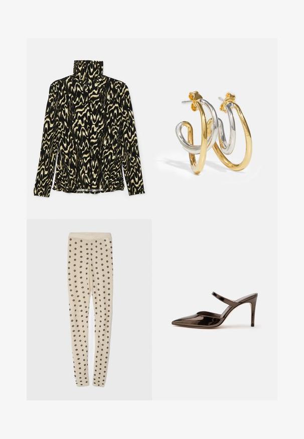Haut à manches longues noir et crème à motif, avec un col haut, fabriqué dans un tissu lisse et extensible présentant un design abstrait ondulé.; Leggings beiges au toucher doux, ornées d'un motif de petites fleurs sombres sur l'ensemble. Taille élastique pour un ajustement confortable.; Mule à talon haut marron foncé brillant à bout pointu avec une fine bride sur le coup de pied sur fond blanc uni.; Boucles d'oreilles en créoles entrelacées en or et en argent avec des finitions lisses et brillantes ; elles disposent d'un fermoir à tige pour un port sécurisé.