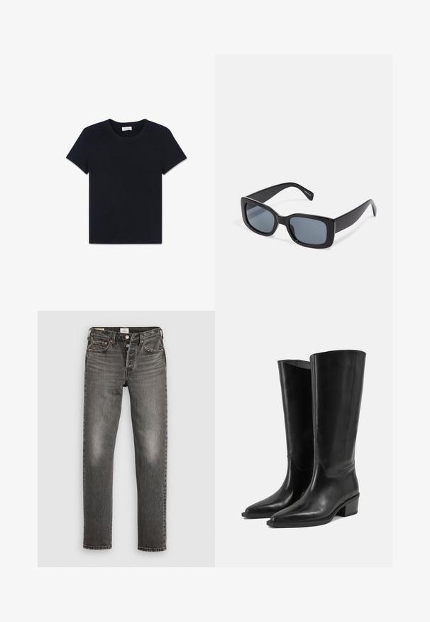 Schwarzes T-Shirt mit kurzen Ärmeln und Rundhalsausschnitt, flach auf weißem Hintergrund ausgebreitet.; Graue Jeans aus Denim mit geradem Bein, mit beschädigter Textur, subtilen Verwaschungen, kupfernen Nieten und einem klassischen Knopfverschluss.; Paar hohe schwarze Lederstiefel mit niedrigen Blockabsätzen und spitzen Zehen auf einem schlichten hellen Hintergrund.; Schwarze rechteckige Sonnenbrille mit dunkel getönten Gläsern, dickem Kunstrahmen und breiten Bügeln. Glatte Oberfläche und kantiges Design.