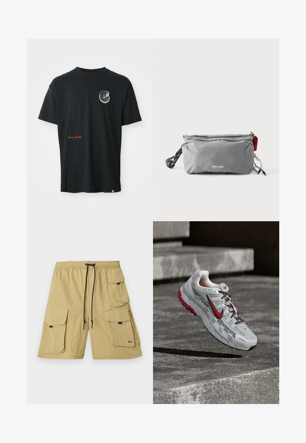 Camiseta negra de manga corta con un pequeño gráfico de fósil blanco en el pecho y el texto en naranja "Fósiles de Texas" cerca de la parte inferior izquierda.; Pantalones cortos cargo beige hechos de una tela ligera. Presentan múltiples bolsillos laterales, una cintura elástica con cordón y un pequeño logo.; Zapatilla de correr Nike blanca y gris con detalles rojos y cordones negros, suspendida sobre escalones de hormigón gris.; Bolsa rectangular gris con cremalleras, asa de cuerda en negro y blanco en un lado y texto "ONLY & SONS" en el centro frontal.