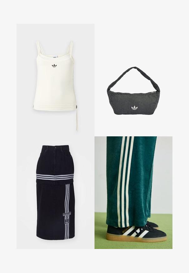 Camiseta sin mangas color crema con tirantes finos; logotipo de Adidas en negro en el pecho. Tela suave con detalle de cordón en el dobladillo. Diseño sencillo.; Falda de mezclilla negra con cintura alta, que presenta dos rayas horizontales blancas, una etiqueta con el logo de Adidas en el lateral y un diseño de corte recto.; Pantalones verdes texturizados con franjas laterales blancas, combinados con zapatillas Adidas negras que presentan tres franjas blancas y una suela de goma.; Bolso de hombro gris oscuro hecho de tejido texturizado, con cierre de cremallera y un logo bordado en el frente. Correa larga y curva.