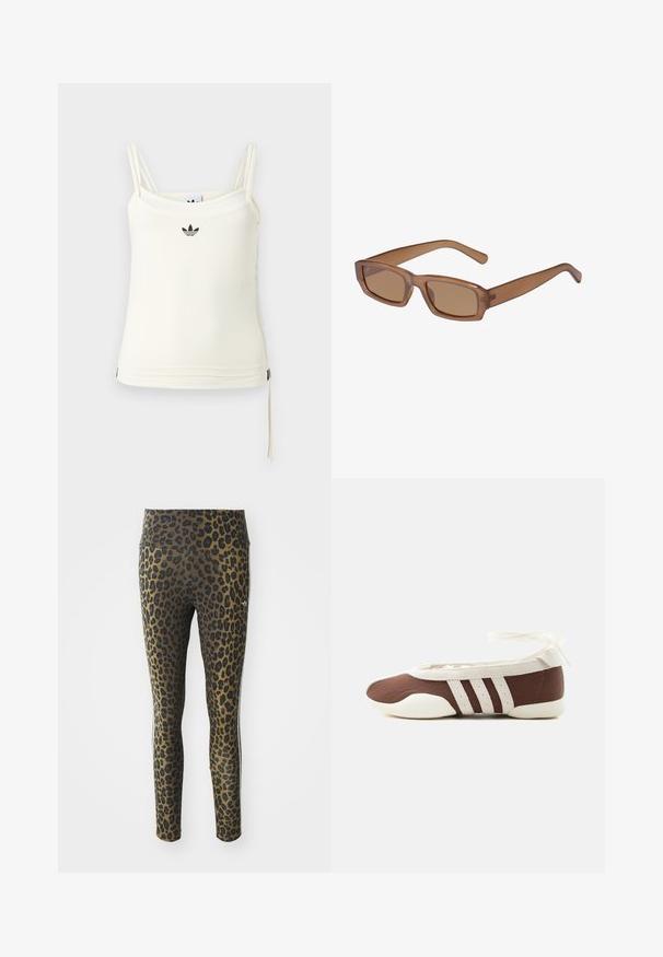 Débardeur crème à fines bretelles ; logo Adidas noir sur la poitrine. Tissu lisse avec un cordon de serrage au bas. Design simple.; Leggings imprimés léopard avec une taille haute, en tissu extensible et accents noirs sur une base marron clair, conçus pour le confort et un ajustement parfait.; Chaussure plate de ballet marron et blanche avec trois bandes blanches et un nœud à nouer à la cheville sur un fond clair uni.; Lunettes de soleil brunes, rectangulaires, avec une monture transparente, des branches fines et des verres teintés, offrant une texture lisse et un design moderne.