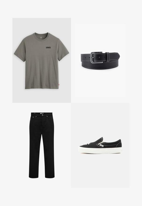 T-shirt vert Levi's à manches courtes et col rond, avec un logo noir sur la poitrine gauche et une petite étiquette rouge sur la couture latérale gauche.; Jeans noirs à jambes droites avec poches avant, passants pour ceinture, fermeture par bouton et détails de coutures visibles.; Baskets à enfiler Vans noires avec semelle en caoutchouc blanche, coutures blanches et accents élastiques sur les côtés, vues de l'extérieur.; Ceinture en cuir noir avec une boucle en métal argenté, surpiqûres blanches contrastantes et une surface lisse. Comprend plusieurs trous d'ajustement.