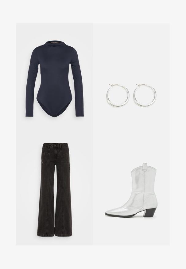 Navy langärmliger Body mit Stehkragen, glatter Textur und taillierter Passform, mit tiefem Rückenausschnitt und hoch geschnittenen Beinausschnitten.; Schwarze weit geschnittene Jeans aus Denim, mit hoher Taille, frontalen Taschen und tonal abgesteppten Nähten.; Castañer DIMBA - Cowboy-/Bikerstiefelette - plata; Silberne Creolen zeichnen sich durch ein glattes, rundes Design mit einem schlanken Profil und einem sicheren Verschluss aus. Minimalistischer Stil mit glänzender Oberfläche.