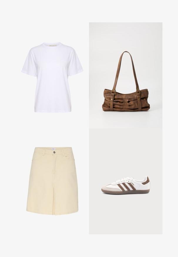 Hvid T-shirt med korte ærmer og rund hals med en afslappet pasform, lavet af glat stof, vist på en hvid baggrund.; Lys beige denimnederdel med slids foran, standard talje og klassisk fem-lommer design. Glat tekstur og minimalistisk stil.; Hvid Adidas Samba sneaker med brune ruskindstriber, brun gummisål og beige ruskindståhætte, vist fra ydersiden på en ensfarvet baggrund.; Even&Odd by Zalando Håndtasker - brown