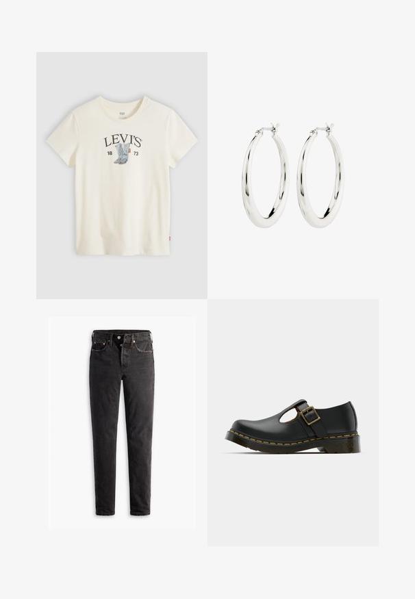 Witte Levi's T-shirt met korte mouwen met een afbeelding van blauwe cowboylaarzen en "LEVI'S 1873" gedrukt op de borst.; Zwarte denim jeans met een rechte pijp, voorzien van vijf zakken, koperen hardware en een licht vervaagde textuur.; Zwarte leren schoen met een ronde neus, enkelband en gesp, lage hak en gele stiksels langs de zool. Gladde textuur overal.; Zilveren oorbellen in de vorm van een gladde, glanzende ring. Circulaire vorm, voorzien van een veilige sluiting. Eenvoudig en elegant ontwerp.