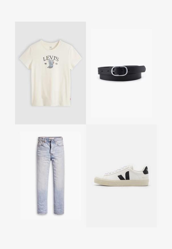 Hvid Levi's t-shirt med kortærmet og grafik af blå cowboystøvler samt "LEVI'S 1873" trykt på brystet.; Lyseblå denimjeans med lige ben, der har en knaplukning, fem lommer og en diskret falmning langs benene.; Hvide lædersneakers med sort gummiv V-logo. Tekstureret off-white sål, hvide snørebånd og bagside med brandnavn i sort.; Sort læderbælte med en glat overflade, oval sølvmetalspænde og flere justeringshuller langs stroppen. Flad, minimalistisk design.