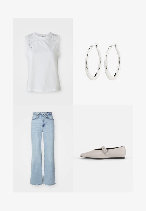 Top blanco sin mangas de algodón, con tachuelas plateadas en los hombros y un escote redondeado. Textura suave y diseño casual.; Vaqueros de mezclilla azul claro con un diseño de pierna ancha, cintura alta y cierre con cordón. Presentan un acabado texturizado y dobladillo sin terminar.; Zapato plano de cuero beige con punta afilada, un detalle de hebilla lateral y suela negra baja. Textura suave y diseño minimalista.; Pendientes de aro de plata con un acabado suave y brillante. Forma circular, con un cierre seguro. Diseño sencillo y elegante.