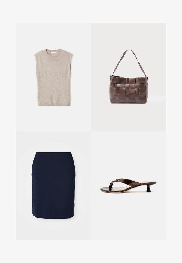 Lys beige ærmeløs top lavet af blødt materiale, med rund hals, rene linjer og en let løs pasform. Minimalistisk design.; Navy blyantskørter lavet af tekstureret stof, knælang, med en tætsiddende design og uden synlige lukninger eller udsmykninger.; Brun skildpaddeskal kitten heel sandal med snorrestram og firkantet tå på en ensfarvet lys baggrund.; Brun skuldertaske i læder med brede vævede strimler, der danner et gittermønster, og en enkelt flad rem.