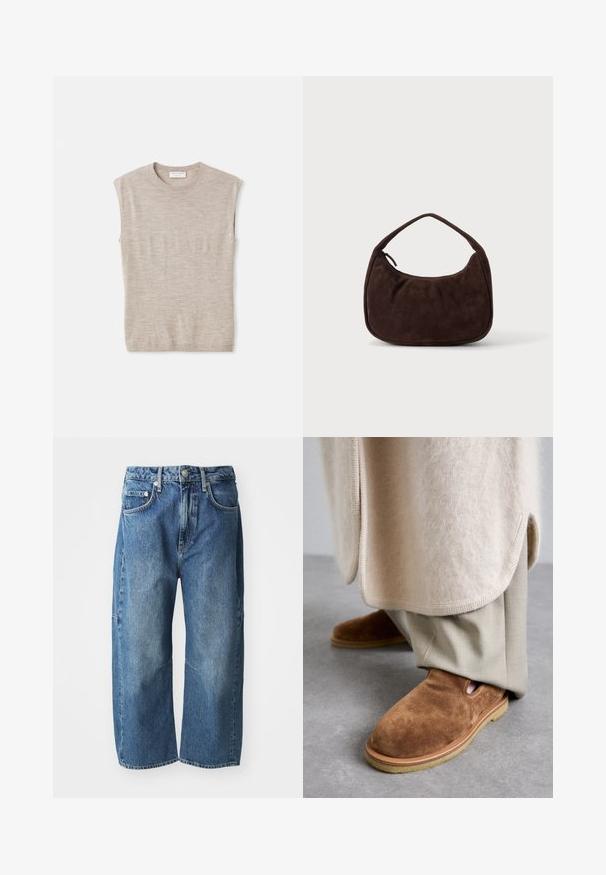 Top sans manches beige clair en matériau doux, avec un col rond, des lignes épurées et une coupe légèrement ample. Design minimalist.; Jeans en denim bleu avec une coupe décontractée à jambes larges, dotés de poches avant, d'une fermeture à bouton et à glissière, et d'un léger délavage au niveau des genoux.; Chaussures slip-on en suède marron avec un bout arrondi, semelle en caoutchouc et détails en découpes sur les côtés, assorties à un pantalon taillé beige clair.; Sac à main en daim marron foncé avec une courte sangle et une forme rectangulaire arrondie sur un fond uni clair.