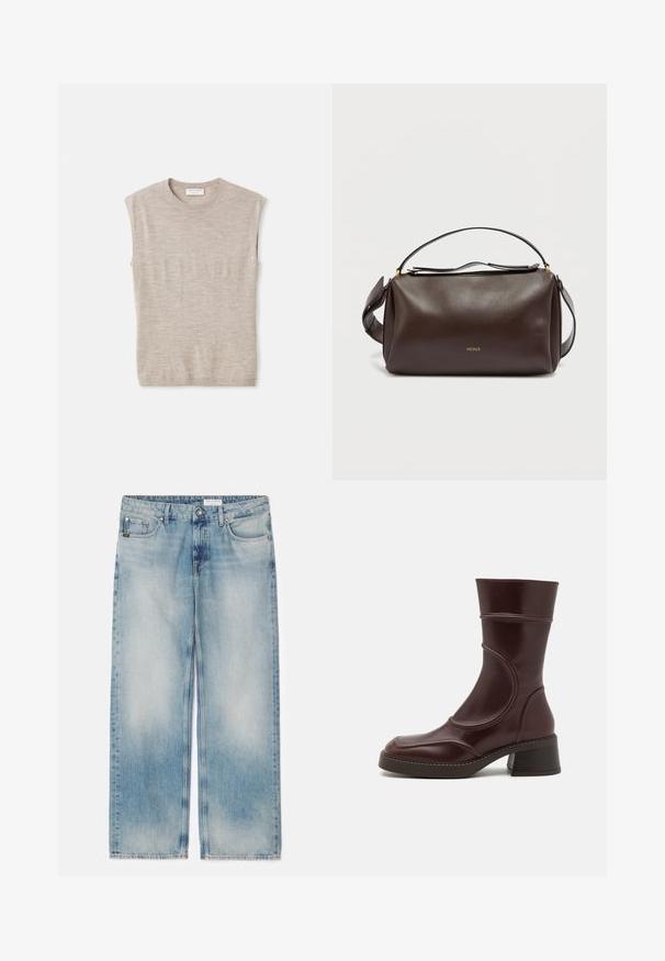 Helles beige, ärmelloses Oberteil aus weichem Material, mit rundem Hals, klaren Linien und einem leicht lockeren Schnitt. Minimalistisches Design.; Hellblaue Denim-Jeans im weit geschnittenen Stil mit einem verwaschenen Design, fünf Taschen und einem Knopfverschluss. Gerade geschnitten mit ausgefranstem Saumdetail.; MIISTA MALENE - Stiefelette - brown; Braune Leder-Umhängetasche mit strukturiertem Design, ausgestattet mit einem goldenen Logo, einem Reißverschluss oben und einem abnehmbaren Riemen. Glatte Textur.