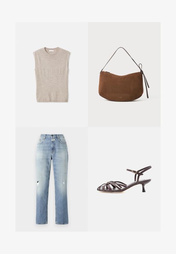 Helles beige, ärmelloses Oberteil aus weichem Material, mit rundem Hals, klaren Linien und einem leicht lockeren Schnitt. Minimalistisches Design.; Hellblaue Jeans aus Denim mit hoher Taille und geradem Bein. Merkmale sind abgewetzte Details an beiden Knien und ein klassisches Fünf-Taschen-Design.; Dunkelbraune Leder-Sandalette mit Riemchen und verstellbarem Schnallenriemen am Knöchel, Kitten-Heel, vor weißem Hintergrund.; Braune Wildlederhandtasche mit geschwungener Form, ausgestattet mit einem schmalen, dunkelbraunen Riemen und einem goldenen Reißverschlussakzent. Weiche Textur ohne sichtbare Muster.