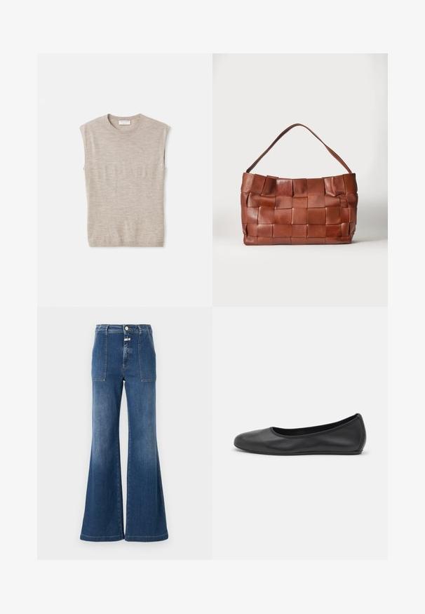 Lys beige ærmeløs top lavet af blødt materiale, med rund hals, rene linjer og en let løs pasform. Minimalistisk design.; Høj talje flared jeans i mellemblå denim med en falmet finish. Har lomme med klap og knaplukning. Renset kant.; Sort læderballetsko med rund tå, glat tekstur, minimal syning og et fleksibelt såldesign.; Brun læderhåndtaske med brede vævede stropper og en enkelt skulderrem på en ensfarvet lys baggrund.