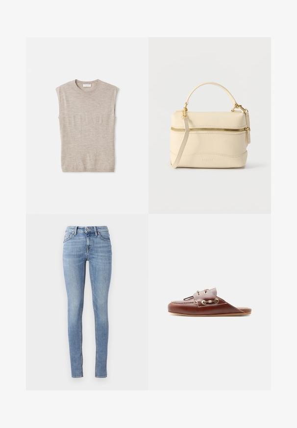 Lys beige ærmeløs top lavet af blødt materiale, med rund hals, rene linjer og en let løs pasform. Minimalistisk design.; Lyseblå stramme jeans lavet af denim, med en standard linning, fem lommer og kontrastsyninger langs sømmene.; Brun lædersko med slip-on, moc-tå syning, guldøjelets og dekorativ snøredetalje på siden, flad sål, sideprofil.; Lille cremefarvet læderhåndtaske med top håndtag, aftagelig skulderrem og guldlynlås foran.