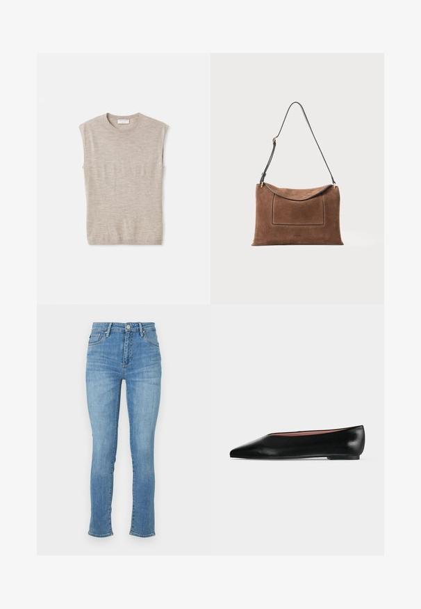 Lichtbeige mouwloze top van zacht materiaal, met een ronde hals, strakke lijnen en een iets losse pasvorm. Minimalistisch ontwerp.; Lichtblauwe denimjeans met een slanke pasvorm, middelhoog taille, vijf pockets design en subtiele vervaging op de dijen, voorzien van gestikte accenten.; Zwarte leren damesschoen met platte zool, puntige neus en lage hak, zijwaarts afgebeeld tegen een effen lichtgrijze achtergrond.; Bruine suède handtas met een gladde textuur en een gebogen bovenkant. Kenmerkt zich door een zwart leren schouderband en een rechthoekige voorzak. Gouden hardware accenten.