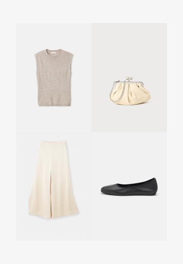 Top sin mangas color beige claro, hecho de material suave, con cuello redondo, líneas limpias y un ajuste ligeramente holgado. Diseño minimalista.; Pantalones anchos beige hechos de una tela suave con una cintura alta y un caído suave. Presentan un corte holgado y líneas limpias y simples.; Bailarina de piel negra con punta redondeada, textura suave, detalle de costura minimalista y diseño de suela flexible.; Clutch de cuero beige plisado con un marco de metal plateado, que cuenta con dos broches decorativos redondos y una correa de cadena plateada.