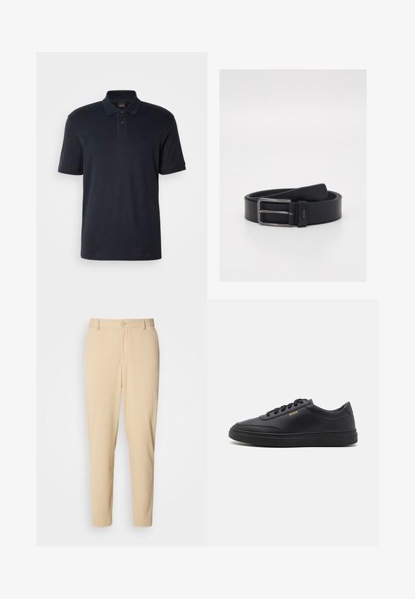 Marineblå polo skjorte lavet af bomuld, med klassisk krave, korte ærmer og et subtilt logo på brystet. Glat tekstur.; Beige bukser med struktur i slim fit, med knaplukning foran, bæltestropper og sidelommer. Glat stoffinish.; Sorte lædersneakers med en glat overflade, rund tå, flad gummisål og tonede snørebånd. Udstyret med guld "BOSS" branding på siden.; Sort læderbælte med et elegant design, sølvmetal spænde og glat tekstur. Logodetaljer nær spændeområdet.
