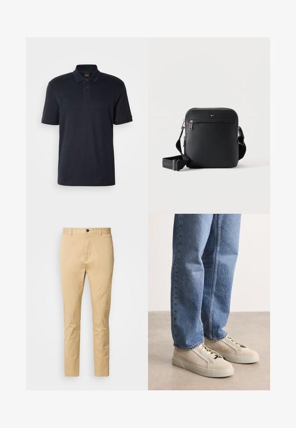 Polo shirt bleu marine en coton, avec un col classique, des manches courtes et un logo discret sur la poitrine. Texture lisse.; Chinos beiges en coton avec une texture lisse. Comprend une fermeture à bouton, des passants de ceinture et une taille fuselée vers la cheville.; BOSS GARYTENN_SDHDEL - Baskets basses - natural ten; Sac bandoulière en cuir noir avec poche zippée à l'avant et bandoulière réglable sur fond blanc uni.
