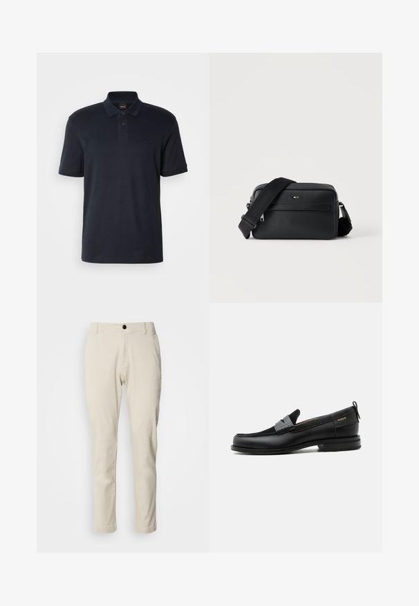 Marineblauwe polo gemaakt van katoen, met een klassieke kraag, korte mouwen en een subtiel logo op de borst. Soepele textuur.; Beige chino's met een rechtstaande pijp, gemaakt van zachte katoenstof, voorzien van een rits en een enkele zwarte knoopsluiting.; Zwarte leren loafer met grijs riemdetailelement, lage hak en gestructureerde zool, aan de zijkant gebrandmerkt met "HUGO" in goud.; Zwarte gestructureerde leren crossbodytas met voorvak met ritssluiting en verstelbare brede stoffen schouderband op een witte achtergrond.