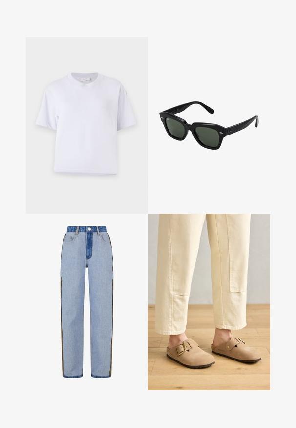 Hvid bomulds t-shirt med en afslappet pasform, korte ærmer, rund hals og ingen synlige mønstre eller udsmykninger. Glat struktur.; Lys blå denim jeans med lige ben, der har en kontrastfarvet mørk denim talje og dekorative sideaccenter i et unikt mønster.; Tan ruskinds-sandaler med en bred strop og gyldent spænde, tekstureret overflade og brun gummisål; båret med løse elfenbenfarvede tapered bukser.; Sorte firkantede solbriller med mørkegrønne linser, der har kraftige stel og sølvdetaljer på siderne. Fremstillet i Italien.