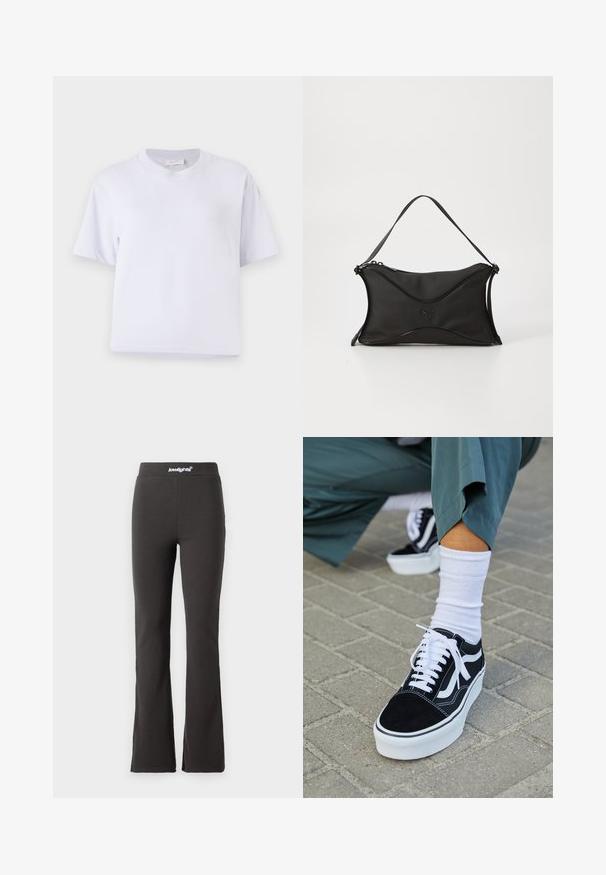 Hvid bomulds t-shirt med en afslappet pasform, korte ærmer, rund hals og ingen synlige mønstre eller udsmykninger. Glat struktur.; Sorte flarebukser lavet af strækbart stof med en glat tekstur. Har en bred talje med logodetaljer øverst.; Sorte ruskinds sneakers med hvide accenter og snørebånd, der har en tyk hvid sål og kontrasterende syninger, parret med en hvid sok.; Sort håndtaske lavet af et blødt, struktureret materiale. Har et bølget design, en enkelt skulderrem og en subtil logo-detalje på fronten.