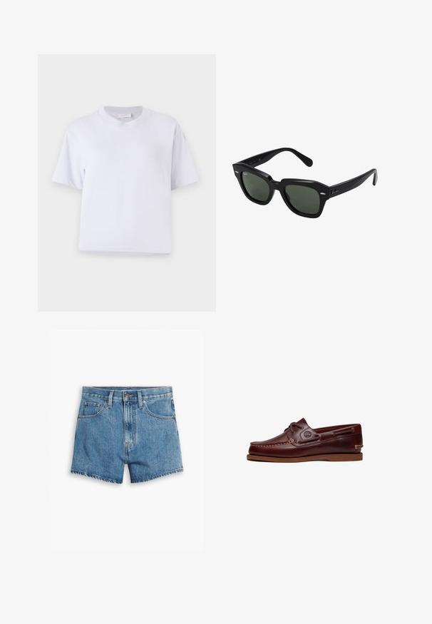 White cotton t-shirt with a relaxed fit, short sleeves, crew neck, and no visible patterns or embellishments. Smooth texture.; Denim shorts in light blue, featuring five pockets, a zip fly, and a button closure. The hem is frayed with a relaxed fit design.; Brown leather boat shoe with laces, stitching detail, and Timberland logo on the side, displayed on a white background.; Black square sunglasses with dark green lenses, featuring bold frames and silver accents on the sides. Made in Italy.