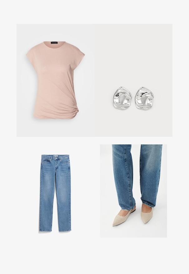 Lichtroze t-shirt met korte cap sleeves, gemaakt van zachte stof; heeft een gathered detail aan de zijkant bij de zoom.; Lichtblauwe denim jeans met een rechtlopende pasvorm, vijf zakken en een knoopsluiting; beschikt over subtiele vervaging en stiksel details.; Persoon die een blauwe spijkerbroek en beige platte schoenen met puntige neus draagt, staat op een witte vloer.; Zilveren abstracte studs met een gepolijste afwerking, met gladde rondingen en subtiele contouren. Geen zichtbare patronen of accenten.