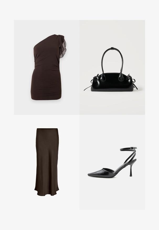 Dunkelbraunes One-Shoulder-Minikleid mit geraffter Taille und transparentem Rüschendetail am einzelnen Ärmel vor einfarbigem Hintergrund.; VILA VIELLETTE HW MIDI SKIRT - NOOS - Maxirock - coffee bean; Schwarzer spitzer High Heel mit dünnen Knöchelriemen und silberner Schnalle auf einfachem hellem Hintergrund.; Kleine schwarze glänzende Handtasche mit zwei langen Griffen und seitlichen Kordelzug-Details vor einfachem hellem Hintergrund.
