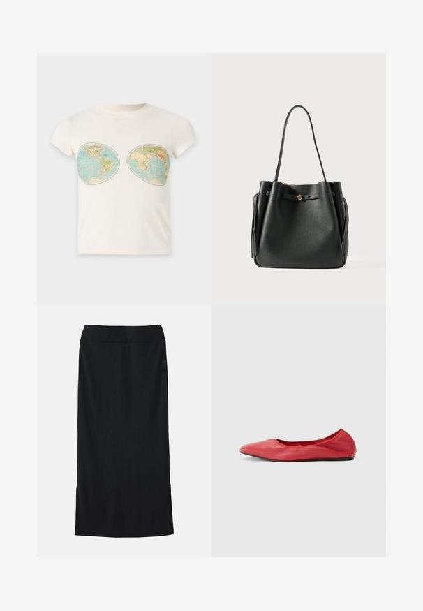 Weißes T-Shirt mit kurzen Ärmeln und zwei Vintage-Weltkarten-Prints im Brustbereich.; Schwarzer Midirock aus einem glatten Stoff, mit einem taillierten Bund, gerader Silhouette und seitlichen Schlitzen für mehr Bewegungsfreiheit.; Filippa K REY FLATS - Klassischer Ballerina - bright red; Schwarze Leder-Tote mit strukturiertem Finish, ausgestattet mit zwei langen Griffen und einem Verschlussdetail in goldfarbener Optik an der Vorderseite.