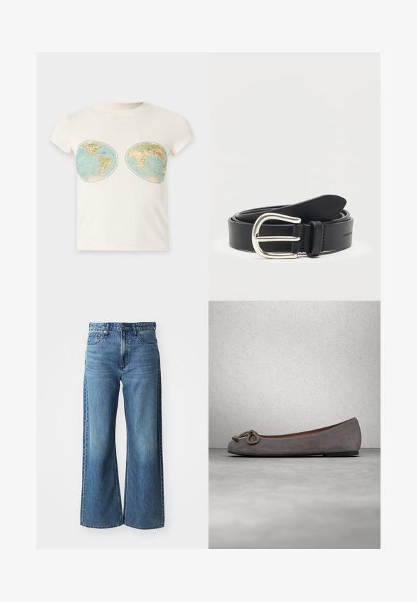 Witte T-shirt met korte mouwen met twee vintage wereldkaart prints op het borstgedeelte.; Wijdvallende blauwe spijkerbroek van denim met een middelhoge tailleband, vijf zakken en subtiele vervaging. Kenmerken zijn onder andere riemlussen en gestikte details.; Grijze suède ballerina's met een ronde neus, een geknoopt touwaccent en een subtiele contrasterende rand langs de rand. Platte, flexibele zool.; Zwarte leren riem opgerold met een zilveren metalen afgeronde gesp op een effen witte achtergrond.