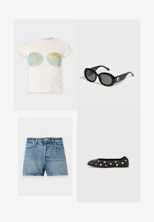T-shirt blanc à manches courtes avec deux impressions de cartes du monde de style vintage placées sur la poitrine.; Short en denim bleu avec bouton à l'avant, passants de ceinture, poches avant et coutures visibles sur un fond uni clair.; Chaussure ballerine noire à bride élastique à l'arrière, ornée de gros clous ronds argentés dispersés sur le dessus, vue de profil sur fond blanc.; Lunettes de soleil ovales noires avec des montures épaisses et des verres foncés, avec de petits accents circulaires dorés sur les branches, présentées sur fond blanc.