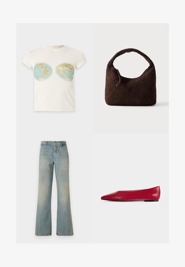 Witte T-shirt met korte mouwen met twee vintage wereldkaart prints op het borstgedeelte.; Lichtblauwe denim wijdlopende jeans met een hoge taille, knoopsluiting en vervaagde textuur. Bevat het klassieke vijf-pocket ontwerp en rechte pijpen.; Rode leren platte schoen met puntige neus, zwarte zool en lage hak, zijaanzicht op een effen lichte achtergrond.; Bruine geweven handtas met een afgeronde handgreep, gemaakt van textuurmateriaal. Voorzien van een ritssluiting en een klein logodetail.