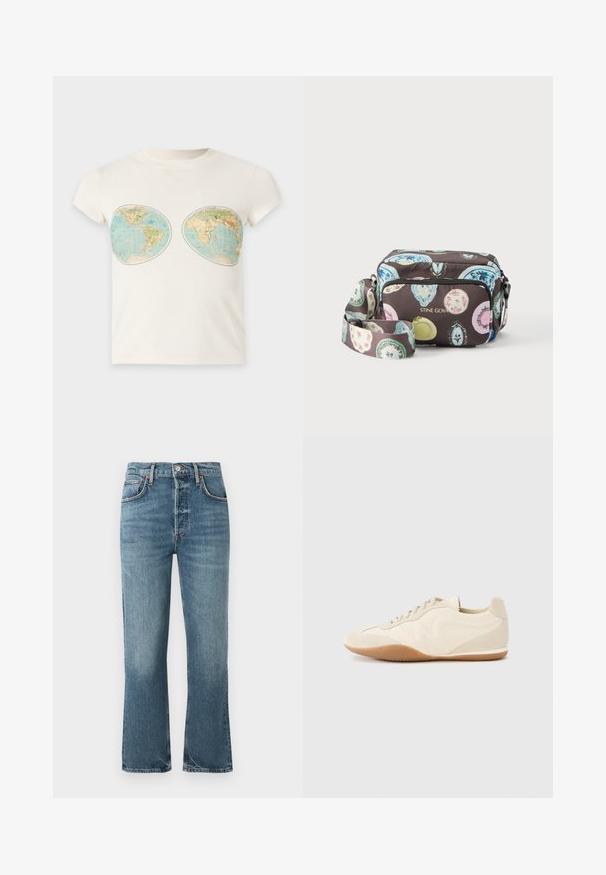 Weißes T-Shirt mit kurzen Ärmeln und zwei Vintage-Weltkarten-Prints im Brustbereich.; Hellblaue Denim-Jeans mit hoher Taille, geradem Bein und dezentem Verblassen. Verfügt über klassischen Fünf-Taschen-Stil und Metallknopfverschluss.; Hellbeige Sneaker mit strukturiertem Lederupper, strukturierten seitlichen Einsätzen und einer Gummisohle. Verfügt über ein schlankes, stromlinienförmiges Design und flache Schnürsenkel.; Umhängetasche mit bunten Ovalmustern auf dunklem Hintergrund, Vordertasche mit Reißverschluss und verstellbarem Riemen, mit dem Schriftzug "STINE GOYA" in goldenen Buchstaben.