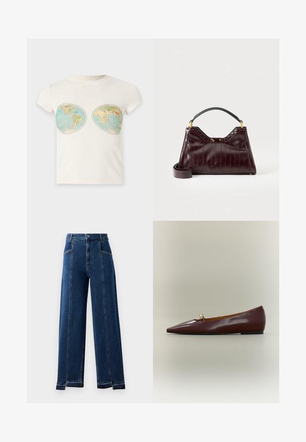 Witte T-shirt met korte mouwen met twee vintage wereldkaart prints op het borstgedeelte.; High-waisted, wide-leg jeans in donkerblauwe denim met voorzakken, contrasterende stitching en rafelige zoomdetails.; Bruine platte schoen met spitse neus en een kleine gouden decoratieve kraal op het bovenwerk, tegen een eenvoudige neutrale achtergrond.; Donker bordeauxkleurige lederen handtas met textuurpatroon, zwart handvat aan de bovenkant, gouden beslag en afneembare schouderriem op witte achtergrond.