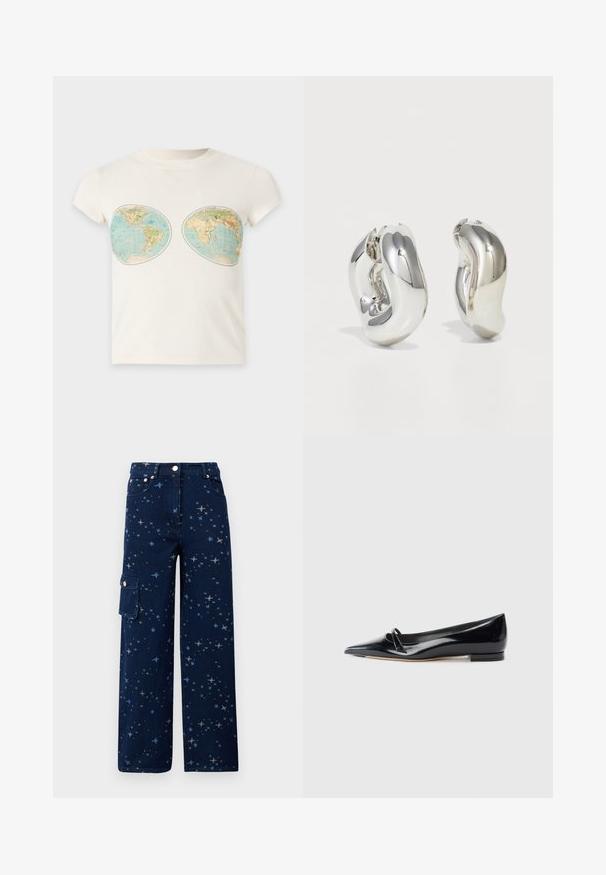 T-shirt blanc à manches courtes avec deux impressions de cartes du monde de style vintage placées sur la poitrine.; Pantalon cargo en denim bleu foncé avec un motif d'étoiles, une coupe large, des poches avant et une poche latérale avec fermeture à bouton.; Chaussure plate en cuir verni noir avec un bout pointu, une petite lanière décorative et un petit talon carré. Texture lisse et design épuré.; Boucles d'oreilles sculpturales en argent avec des formes douces et courbes et des surfaces réfléchissantes. Présentent un design de boucle fermée et une forme organique distincte.