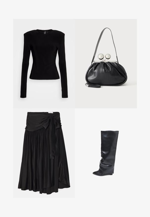 Norma Kamali SHOULDER PAD LONG SLEEVE CREW - Longsleeve - black; Zwarte rok van zachte, vloeiende stof; heeft een brede, gedrapeerde tailleband met een strik en geplooide details voor een luchtige vorm.; Bata Laarzen met sleehak - nero; Zwarte leren handtas met een geplooid ontwerp, een enkele schouderband, zilverkleurige metalen omlijsting en twee grote ronde zilveren sluitingen.